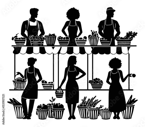 Black silhouette of market vendors selling fresh produce at a stand