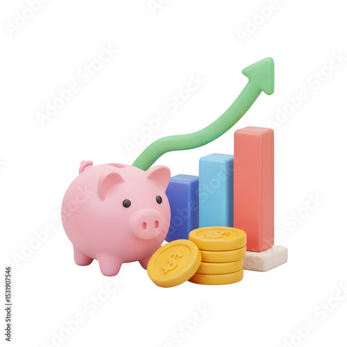 3D Financial Growth Icon - Piggy Bank with Chart and Coins, Savings & Investment Success Graphic, Isolated on Transparent Background PNG