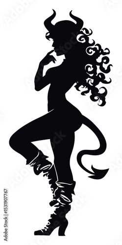 Elegant Devil Silhouette with Curly Hair and Seductive Pose