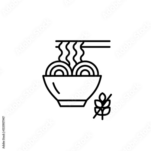 Ramen noodles in bowl, chopsticks and gluten free symbol. Dietary restrictions, food labelling. Pixel perfect, editable stroke vector icon. Asian fast food