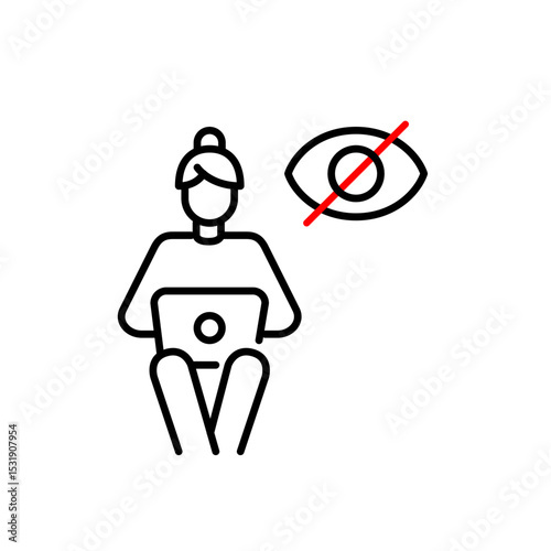 Vector icon of woman sitting and working at laptop with crossed-out eye, symbolizing private work, hidden activity, or invisible online presence. Ideal for productivity apps, remote work tools, and pr