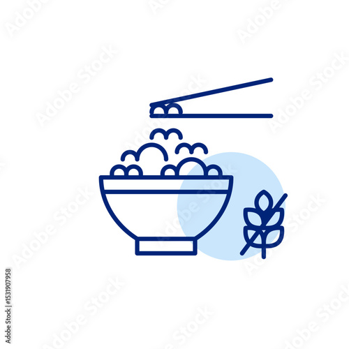 Rice in bowl, chopsticks and gluten free symbol. Dietary restrictions, food labelling. Pixel perfect, editable stroke vector icon. Asian cuisine