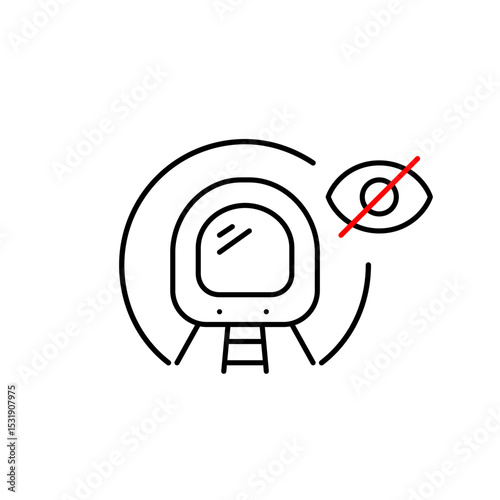 Vector icon of train entering tunnel with crossed-out eye, symbolizing hidden route, invisible tracking, or privacy mode. Ideal for transportation apps, navigation systems, and privacy settings