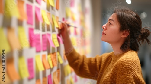 UX designer mapping user journey on wall with sticky notes.