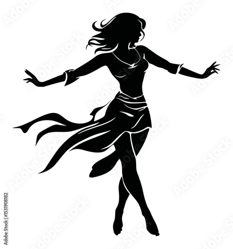 Elegant silhouette of a dancing woman with flowing hair and dress