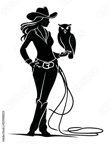 Stylish Cowgirl Silhouette with Owl and Lasso in Vector Format