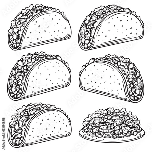 Taco black Vector bundle. Taco Tex-Mex Style vector  bundle.   Burrito vector illustration bundle. Tex Mex Taco vector bundle . .  Mexican Tacos Vector  bundle. Authentic Taco Black and White Vector.