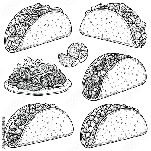 Taco black Vector bundle. Taco lineart vector  bundle.   Burrito vector illustration bundle. Tex Mex Taco vector bundle . Mexican Street Tacos  bundle. Mexican Tacos Vector  bundle. 