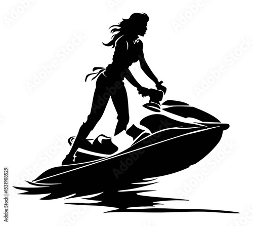 Silhouette of Woman Riding Jet Ski on Water in Dynamic Action Pose