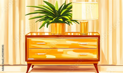 Mid century modern dresser with plant and lamp warm interior design illustration