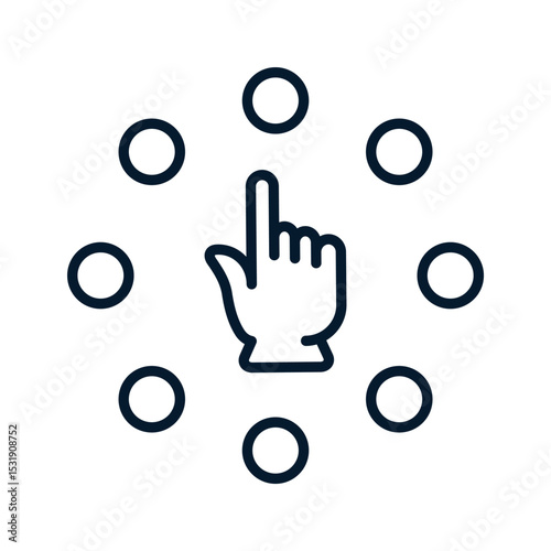 Hand, finger, buttons. Concept of choice, diversity. Vector linear icon isolated on white background.