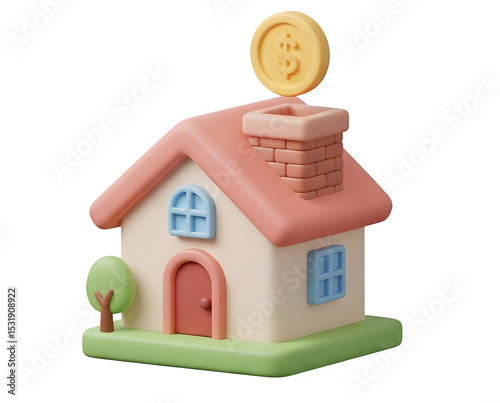 3D Real Estate Investment Icon - House with Coin, Home Savings & Mortgage Graphic, Isolated on Transparent Background PNG