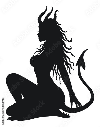 Elegant Devilish Figure with Horns and Curvy Silhouette in Vector Style
