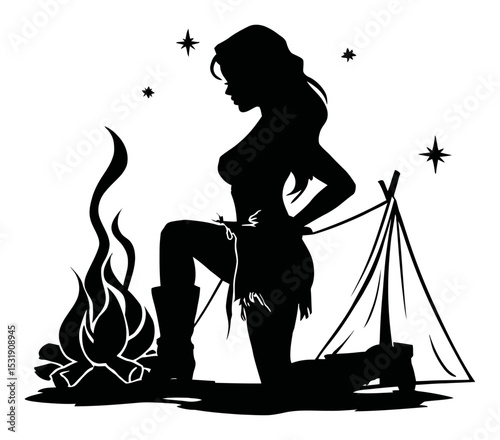Silhouette of a Woman Kneeling Near Campfire in Nature Scene