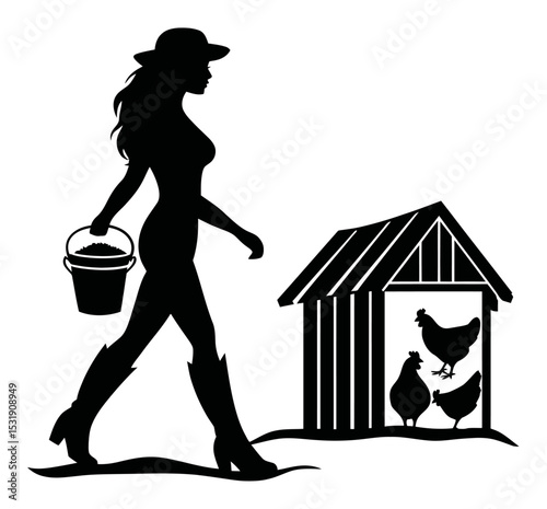 Silhouette of Woman Walking with Bucket Near Chicken Coop and Poultry