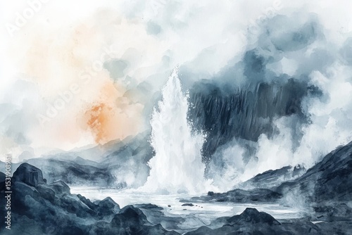 A watercolor painting depicting a geyser erupting amid rugged volcanic terrain, with steam and mist blending into a cloudy sky at sunrise or sunset.