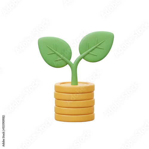 3D Investment Growth Icon - Plant Growing from Coins, Financial Success & Savings Graphic, Isolated on Transparent Background PNG