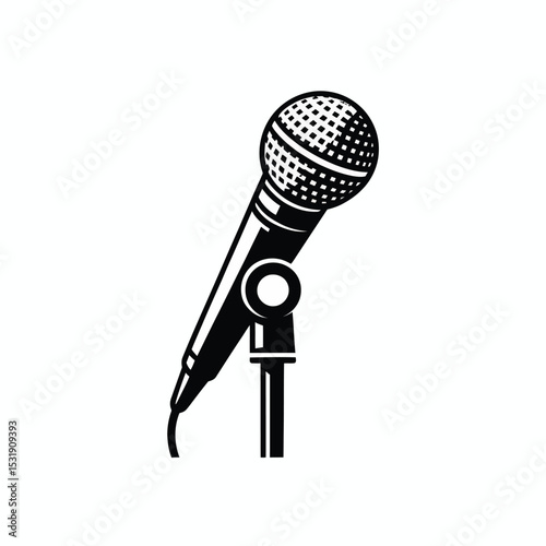 Vintage microphone on stand black and white icon