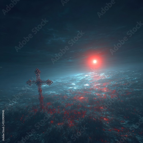 Dark, ominous landscape with cross