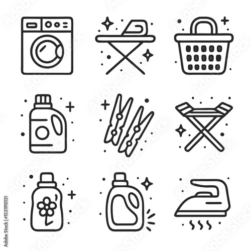 Laundry icons showcase various room items and supplies. Perfect for informational brochures, posters, and websites related to laundry services.