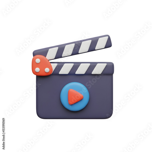 3D Movie Clapperboard Icon - Film & Cinema Production Graphic, Video Action Slate, Isolated on Transparent Background PNG