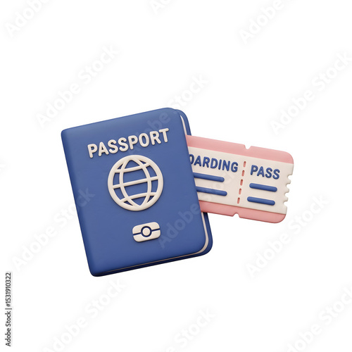 3D Passport and Boarding Pass Icon - Travel, Vacation & Immigration Graphic, Flight Ticket Symbol, Isolated on Transparent Background PNG