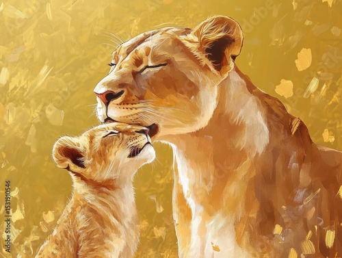 A lioness licking her cub, showing motherly love, isolated on a golden background