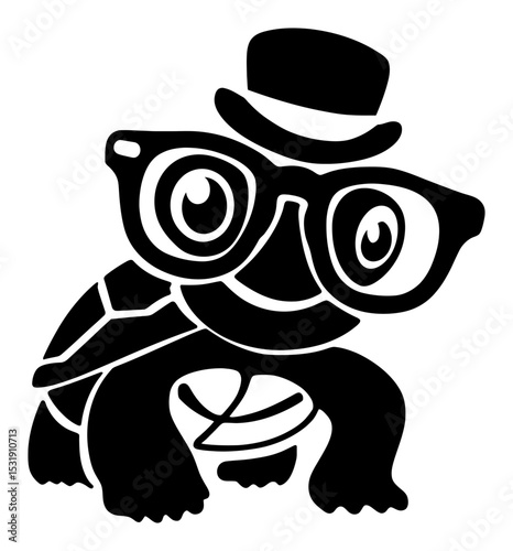 Fun Cartoon Silhouette of a Turtle Wearing Glasses and a Hat