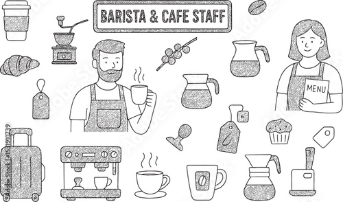 A charming illustration featuring baristas and cafe staff in action, surrounded by coffee-making tools, cups, a menu, and pastries. Detailed sketches include espresso machines, pour-over setups, 