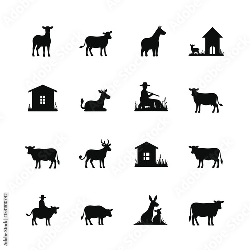 Farm animals silhouettes rural countryside icons set