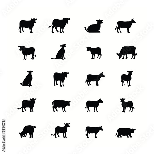 Collection of cow silhouettes various poses farm animals