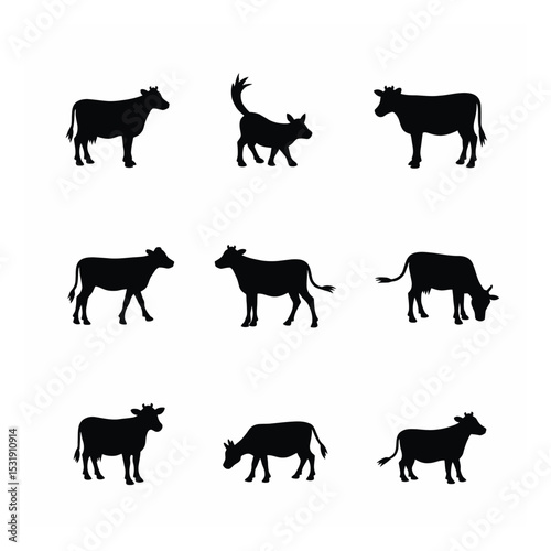 Vector silhouettes of farm animals, including cows, horses, goats, pigs, sheep, and chickens, form a comprehensive animal collection