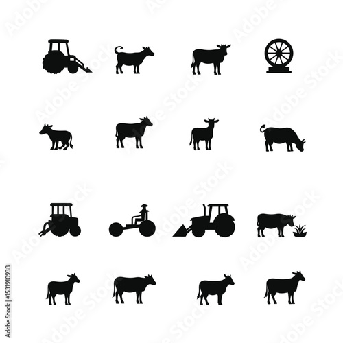 Farm animals and equipment silhouettes icon set
