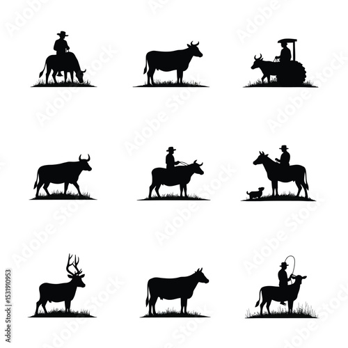 Farm animals silhouettes ranch life cowboy cattle