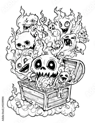 Fantasy Doodle of a Haunted Treasure Chest with Ghostly Characters