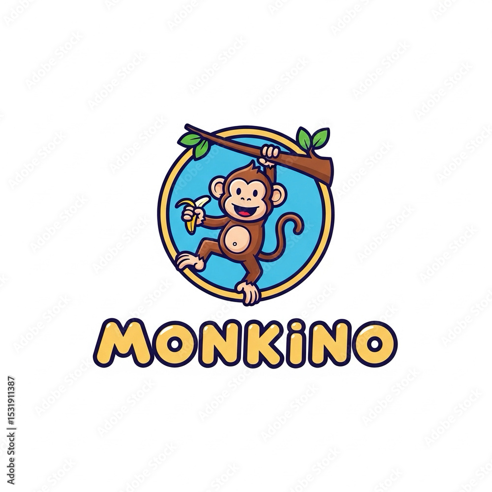 Fototapeta premium Playful monkey icon logo with circular layout and fun bubble-style font ‘MONKINO’, friendly and casual on white background.