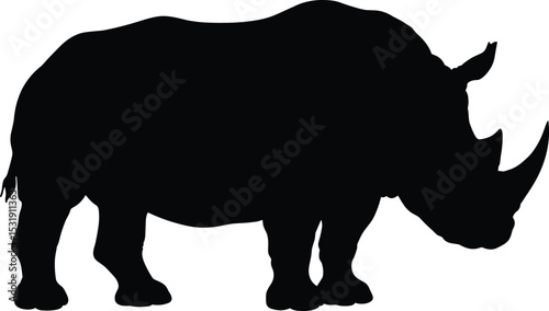 Black rhino silhouette vector illustration, African wild animal graphic, endangered species icon, strong horned mammal on white background, nature creature shape, safari wildlife art