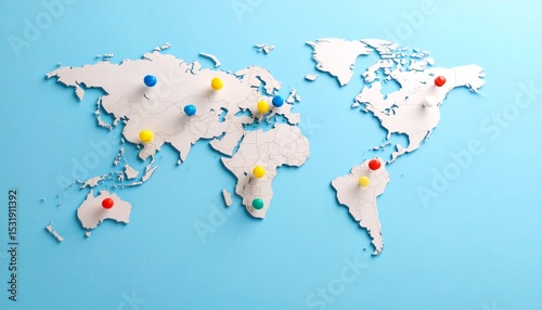 Global Destinations on a Minimalist World Map with Vibrant Pushpins