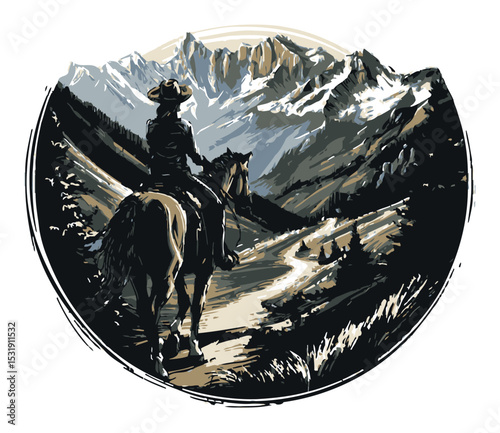 Silhouette of a Cowboy on Horseback in Majestic Mountain Landscape
