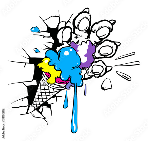Colorful Ice Cream Cone Graffiti Illustration Breaking Through a Wall