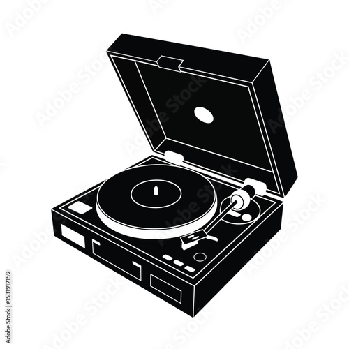 Vintage turntable with open lid black and white illustration