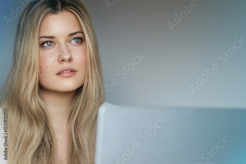 Laptop lifestyle and working from home, study online course, blonde woman with long wavy hair using a computer, natural makeup and blue eyes, digital life balance