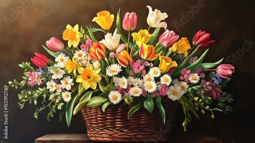 Wallpaper Mural A vibrant bouquet of tulips, daffodils, and daisies arranged in a basket, celebrating the beauty of spring during Easter. Torontodigital.ca
