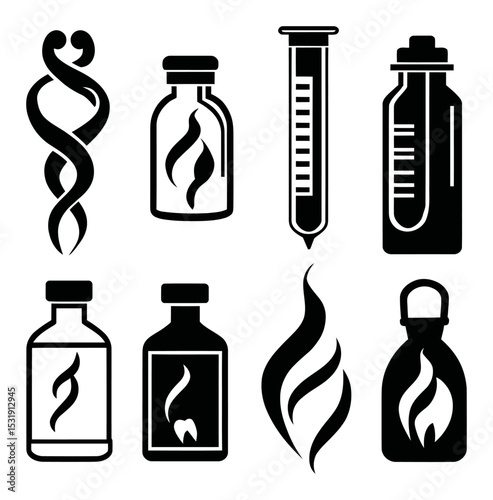 Set of Eight Black and White Medical and Science Symbols for Design