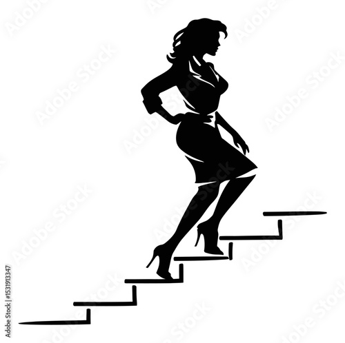 Elegant Woman in Business Attire Walking Down a Stylish Staircase