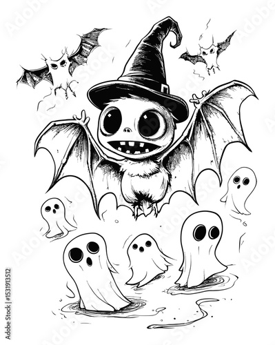 Playful Cartoon Bat with Witch Hat Surrounded by Floating Ghosts