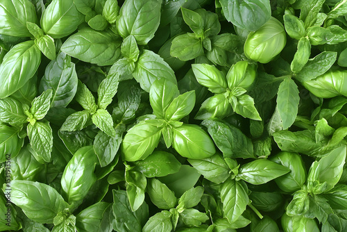 Fresh basil and mint leaves overhead close up