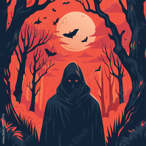 A captivating illustration depicts a silhouetted figure in a dark hooded cloak, standing amidst a vibrant, autumnal forest at twilight.