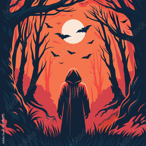 A captivating illustration depicts a silhouetted figure in a dark hooded cloak, standing amidst a vibrant, autumnal forest at twilight.