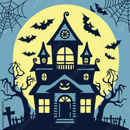 A silhouette of a haunted house at night, under a full moon, with bats flying overhead.